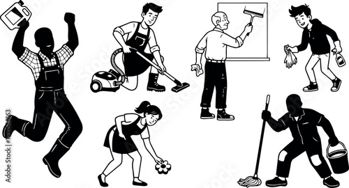 Line art vector collage of diverse cleaning people performing chores vacuuming mopping polishing planting and painting in smiling dynamic poses