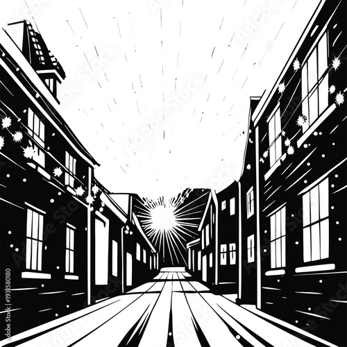 black and white city street vector illustration
