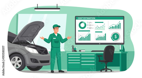 Mechanic Explaining Car Performance Data on Screen.