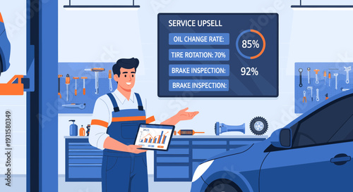 Mechanic Explains Service Upsell Data on Tablet.