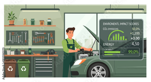 Mechanic inspecting advanced electric car dashboard diagnostics.