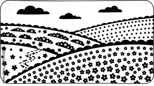 Line art panoramic close up floral hills with winding path and scattered clouds black and white vector landscape scene style