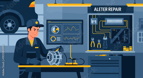 Mechanic inspecting car alternator for repair service.