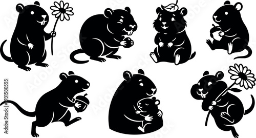 Minimalist silhouette vector set of seven playful hamster and mouse characters holding flowers acorn and hugging in smiling cute poses