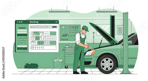 Mechanic Inspecting Car Engine with Digital Diagnostic Software.