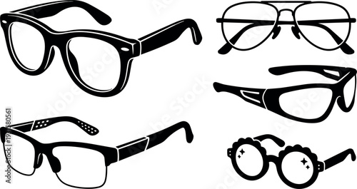 Vector art collection of five eyeglass frames including wayfarer aviator sports round and rectangular silhouettes on white background flat black