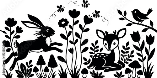 Silhouette vector woodland scene with leaping hare and resting fawn among flowers mushrooms bees and singing bird in meadow calm