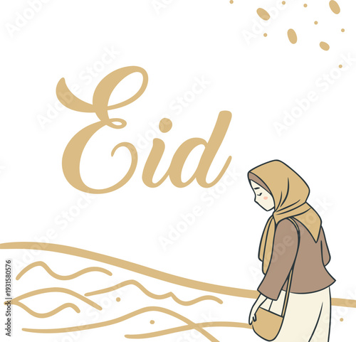 Vector illustration of woman in headscarf with Eid text