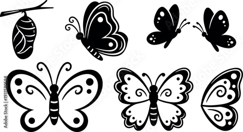 Flat design decorative butterfly silhouettes and chrysalis from multiple angles isolated vector icons in black and white ornamental collection set