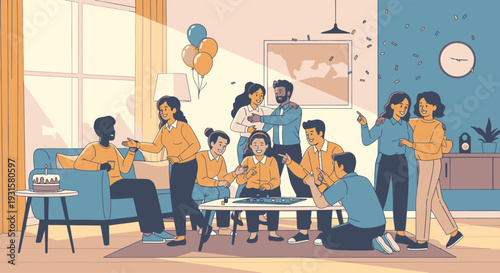 Diverse group of people socializing indoors.