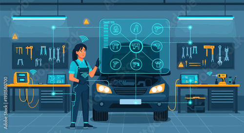 Mechanic Inspecting Futuristic Car With Digital Interface.