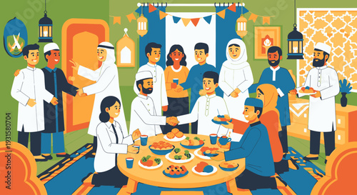 Diverse group of people sharing a meal.