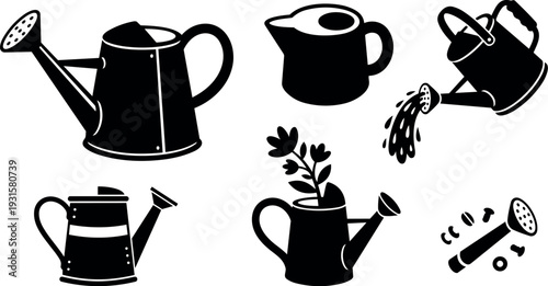 Vector icon set watering cans multiple silhouettes pouring water close up plant detail top view side view flat design minimal