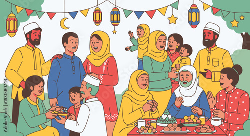 Diverse family and friends gathering for Ramadan celebration with traditional food.