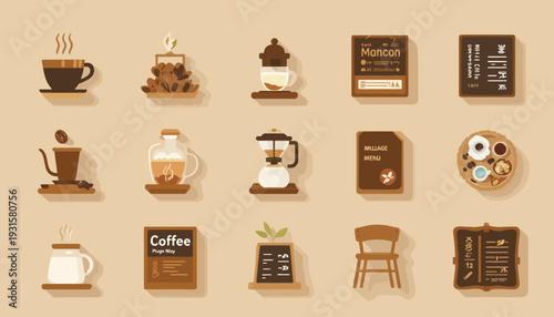 set of vintage coffee cups and coffee beans