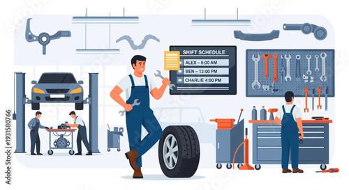 Mechanic Standing Confidently with Tire in Auto Repair Shop.