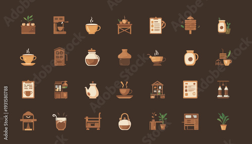 set of vintage coffee cups and coffee beans