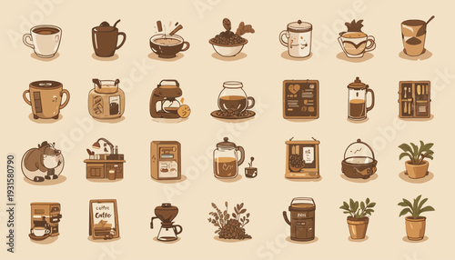 set of vintage coffee cups and coffee beans