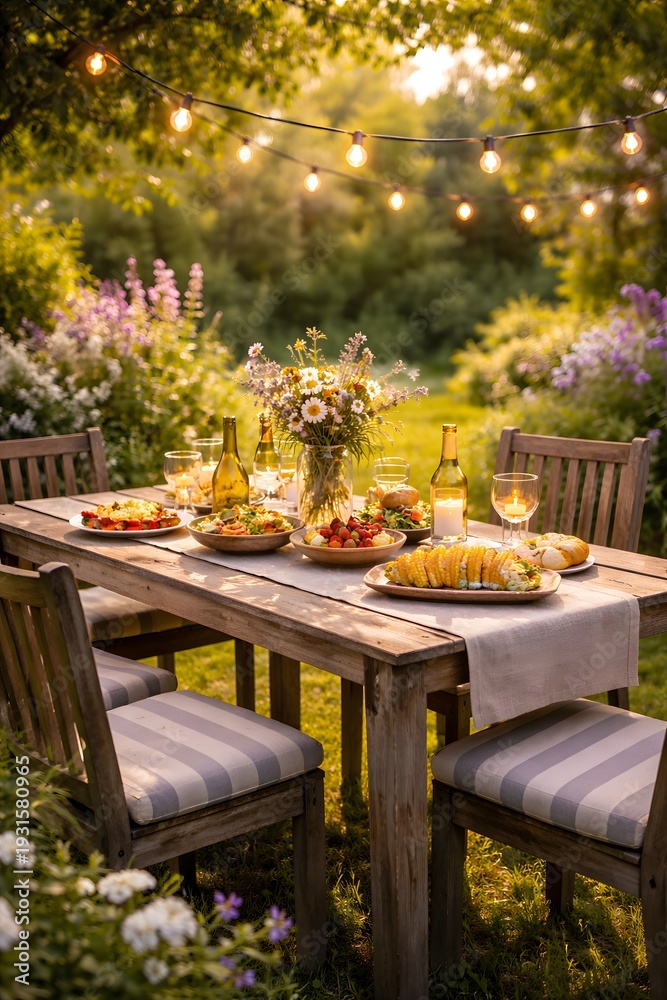 Obraz premium Summer garden party: A lavishly set table with salads, corn on the cob and wine in the warm evening light.