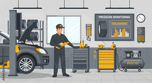 Mechanic working in a car repair workshop.