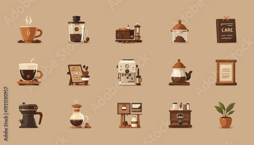 set of vintage coffee cups and coffee beans