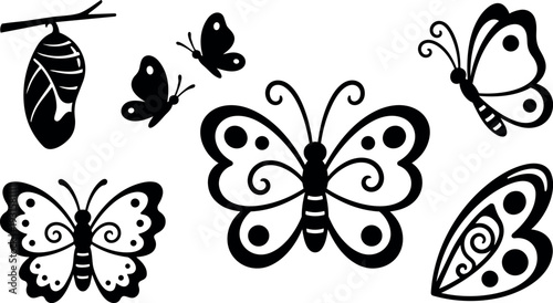 Silhouette butterfly vector set with chrysalis cocoon and decorative wings in varied poses flat vector art black on white