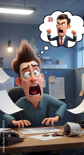 Overwhelmed office worker reacts with terror to imagined reprimand from superior