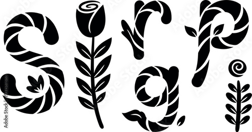 Floral vector decorative letters spelling spring with rose stem and leaf motifs in black silhouette ornamental swirl accents bold elegant