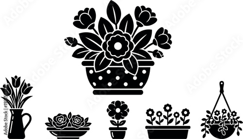 Flat design floral potted plant icons set close up large central planter with small vases hanging basket minimalist black silhouette