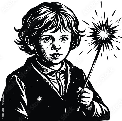 Vector illustration of a boy holding a sparkler