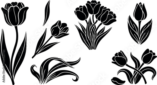 Flat silhouette vector tulip set with individual stems buds leaves and ornamental decorative flourish elements collection isolated on white background