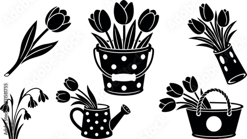 Flat design tulip floral icon set with polka dot buckets watering can single stem snowdrop cluster and side view silhouettes