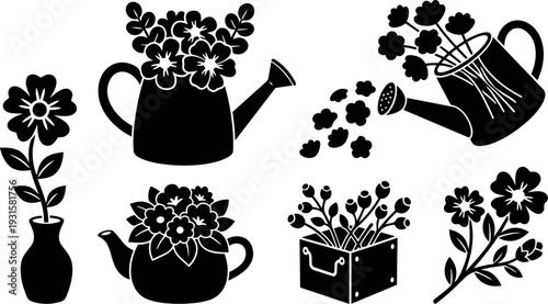 Flat silhouette floral arrangements in watering can teapot vase and wooden box close up side view black vector art minimal