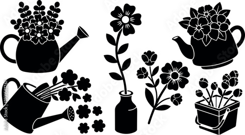 Flat silhouette floral set with watering cans teapots vase bucket and stems close up garden utensils black arranged minimal icons