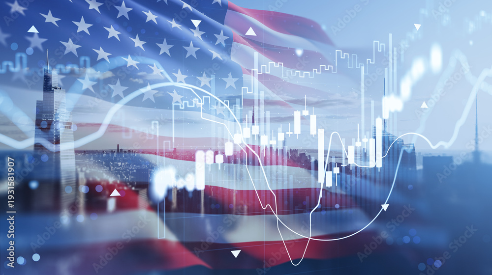 Fototapeta premium U.S. financial market with stock exchange graph overlay and American flag on Manhattan skyline at sunset illustrating economy and investment concept.