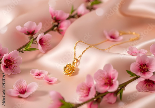 Elegant gold necklace with pink flowers on satin background