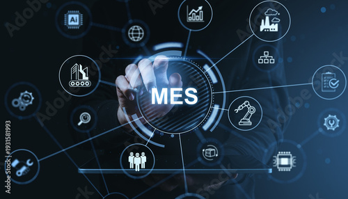 Fotografie Manufacturing execution system interface with digital icons and human hand interacting on futuristic blue background technology