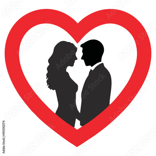 Romantic Wedding Illustration: Bride and Groom Face to Face in a Heart