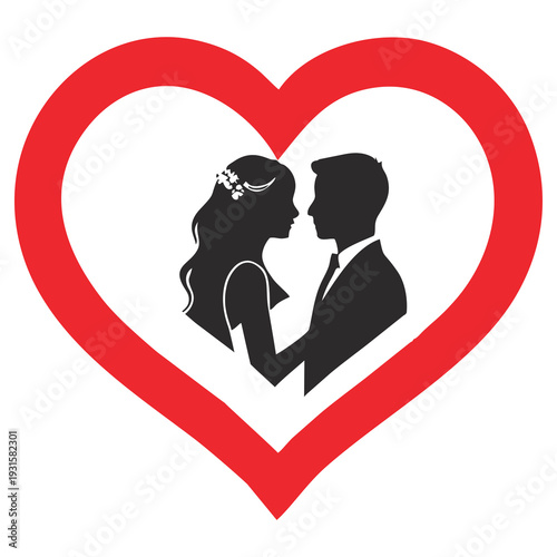 Silhouette of a Bridal Couple in Profile Inside a Red Heart Frame