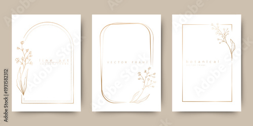 Minimal elegant botanical frame set in soft neutral tones with delicate line art elements. Perfect for wedding invitations, branding, social media templates, stationery design, luxury packaging and mo
