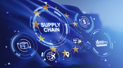 Digital supply chain management concept with logistics icons and European stars on abstract blue background representing global trade and commerce flow.