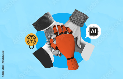 Wallpaper Mural Human and robotic hands joined together in collaboration, symbolizing teamwork and innovation in technology on a blue background with concept icons. Torontodigital.ca