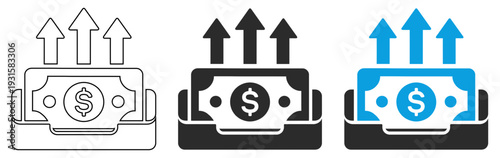 Money Withdrawal and Profit Growth Vector Icon Set with Dollar Bill and Arrows