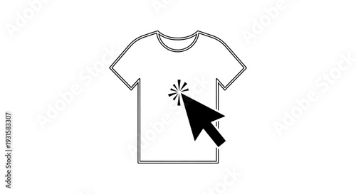 mouse cursor clicking on a blank t-shirt outline illustrating online clothing customization and digital shopping experience.