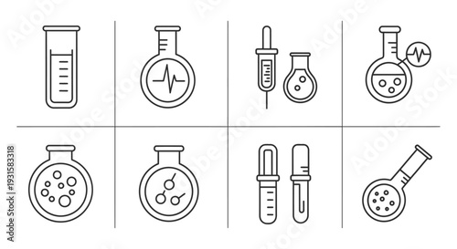 scientific laboratory equipment line icons illustrating chemistry and medical research for educational and web design graphics.