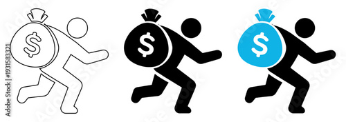 Man Running with Money Bag Icon Set for Financial Success and Wealth Concept