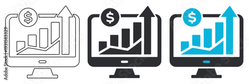 Financial Profit Growth Monitoring Icon Set with Computer Screen and Rising Business Chart