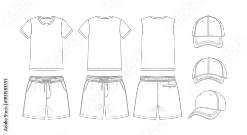 vector fashion technical drawings of blank casual wear apparel including t-shirts shorts and baseball caps templates for design.