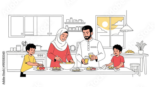 a happy muslim family preparing and enjoying a healthy breakfast together in their bright kitchen depicting daily morning routine and domestic life.