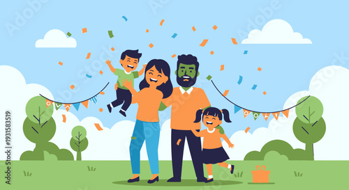 Happy family celebrating outdoors in park.